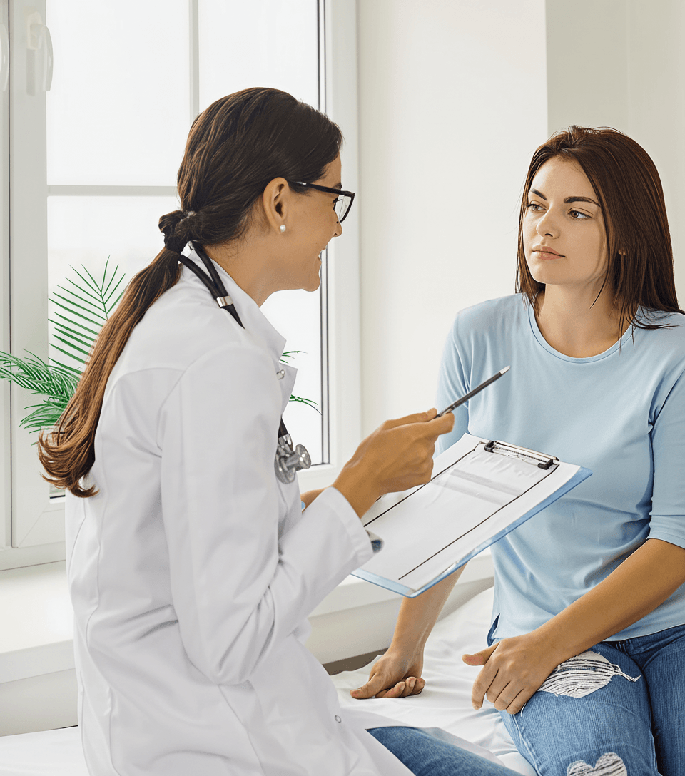 A doctor holding a clipboard, sitting talking to a patient